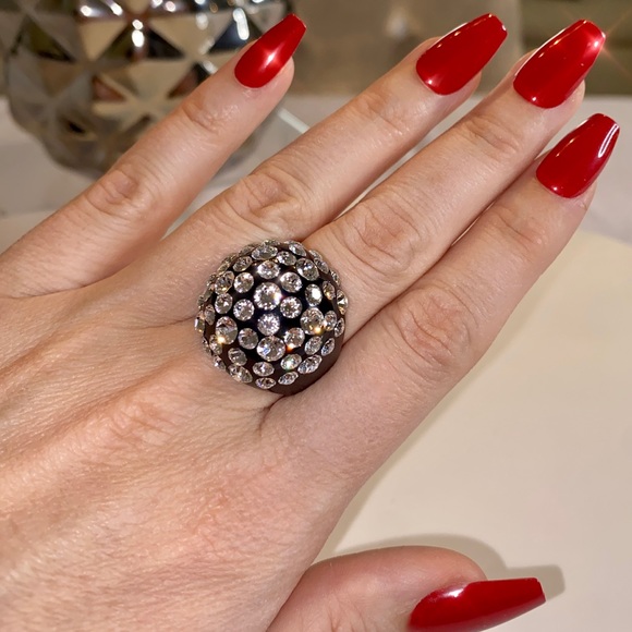 Women’s Black Acrylic Ring Embellished With Swarovski Crystal Stones, Dome Shape - Picture 4 of 15